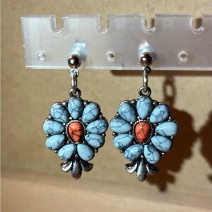 Floral Grayish Blue and Coral Drop Earrings
